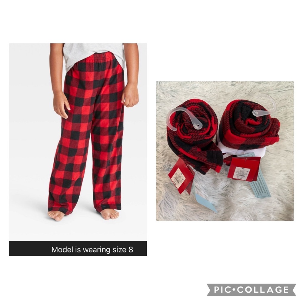 2pk Kids’ Holiday Buffalo Check Fleece Matching Family Pajama Pants- Wondershop